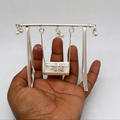 925 Sterling silver handmade Laddu Gopala child Krishna swing and palana, detailed silver jhula art by TRIBAL ORNAMENTS.