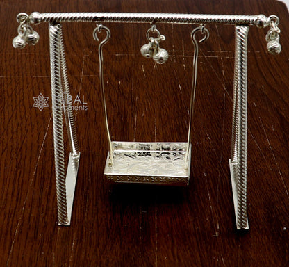 925 Sterling silver handmade Laddu Gopala child Krishna swing, detailed silver jhula with intricate craftsmanship.
