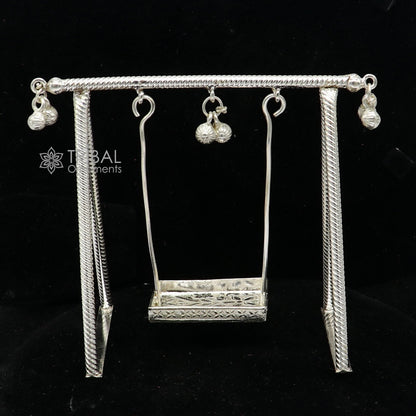 925 Sterling silver handmade Laddu Gopala child Krishna swing, detailed silver jhula with intricate craftsmanship.