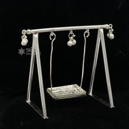 Handmade 925 silver Laddu Gopala child Krishna swing, detailed silver jhula for Laddu Gopal, crafted by TRIBAL ORNAMENTS.