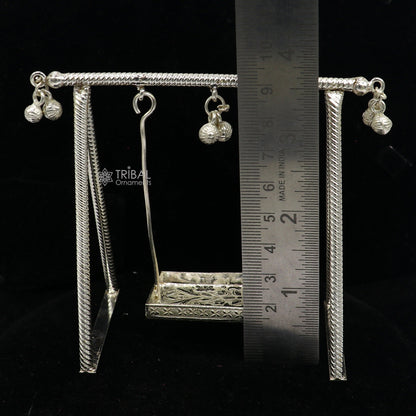 925 Sterling silver handmade Laddu Gopala child Krishna swing, silver jhula, detailed artisan Krishna palana and Laddu Gopal art.
