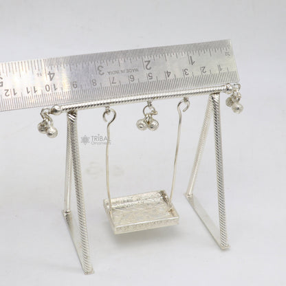925 Sterling silver handmade Laddu Gopala child Krishna swing, detailed silver jhula for Lord Krishna deity display.