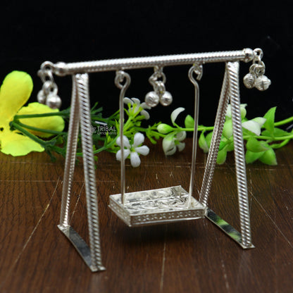 Sterling silver handmade Laddu Gopala child Krishna swing, detailed silver jhula for Lord Krishna, crafted by TRIBAL ORNAMENTS.