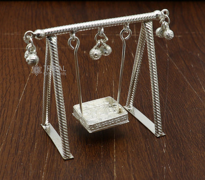 Handmade 925 sterling silver Laddu Gopala child Krishna swing, detailed silver jhula and Krishna palna art by Tribal Ornaments.