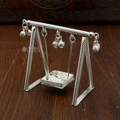 925 Sterling silver handmade Laddu Gopala child Krishna swing, detailed silver jhula with intricate craftsmanship by TRIBAL ORNAMENTS