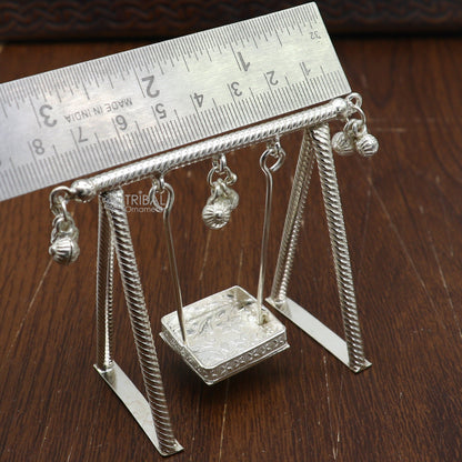 925 Sterling silver handmade Laddu Gopala child Krishna swing, detailed silver jhula with intricate art design.