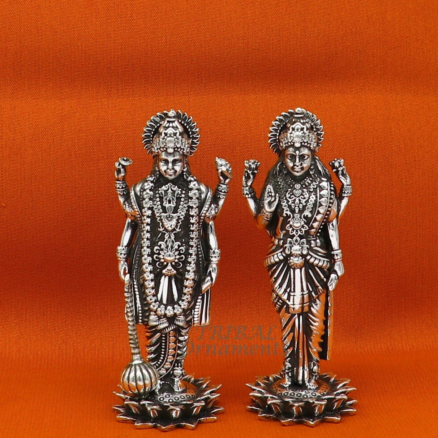925 Sterling silver handmade lord Laxmi Narayanan, Goddess Laxmi and Vishnu standing Statue figurine, puja articles art574 - TRIBAL ORNAMENTS