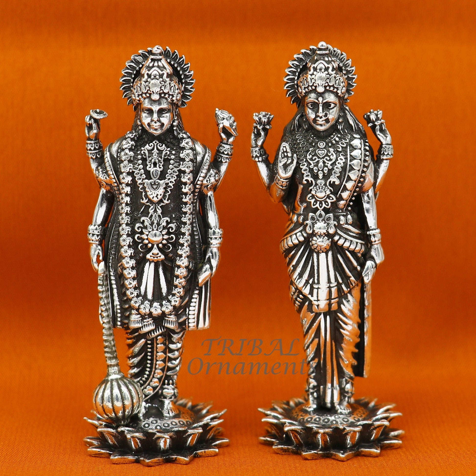 925 Sterling silver handmade lord Laxmi Narayanan, Goddess Laxmi and Vishnu standing Statue figurine, puja articles art574 - TRIBAL ORNAMENTS