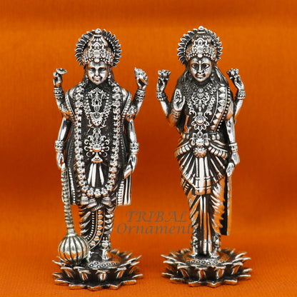 925 Sterling silver handmade lord Laxmi Narayanan, Goddess Laxmi and Vishnu standing Statue figurine, puja articles art574 - TRIBAL ORNAMENTS