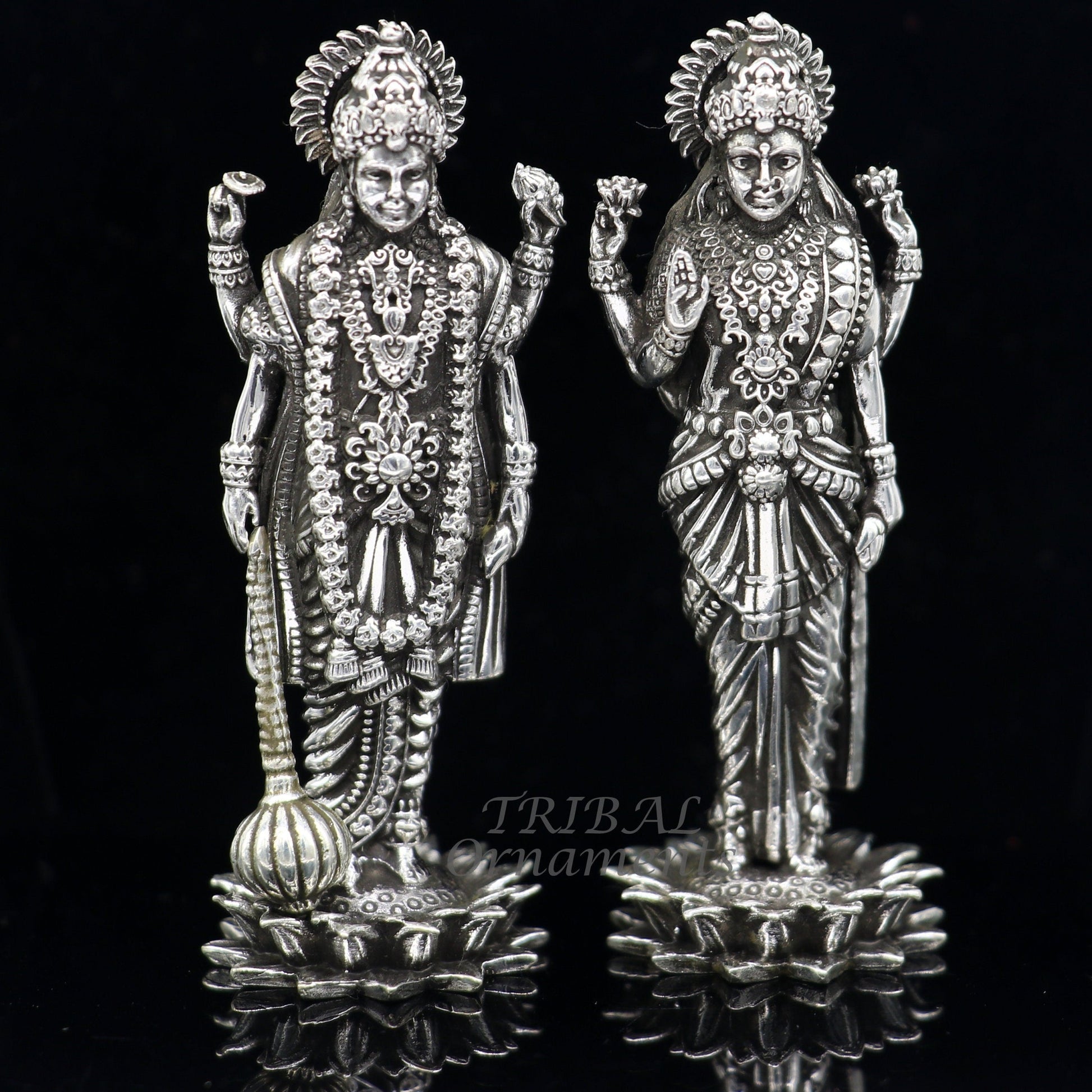 925 Sterling silver handmade lord Laxmi Narayanan, Goddess Laxmi and Vishnu standing Statue figurine, puja articles art574 - TRIBAL ORNAMENTS