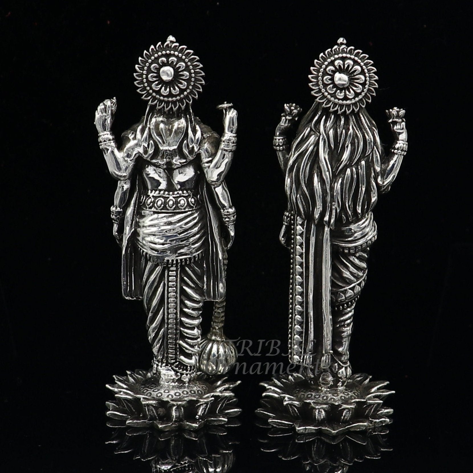 925 Sterling silver handmade lord Laxmi Narayanan, Goddess Laxmi and Vishnu standing Statue figurine, puja articles art574 - TRIBAL ORNAMENTS