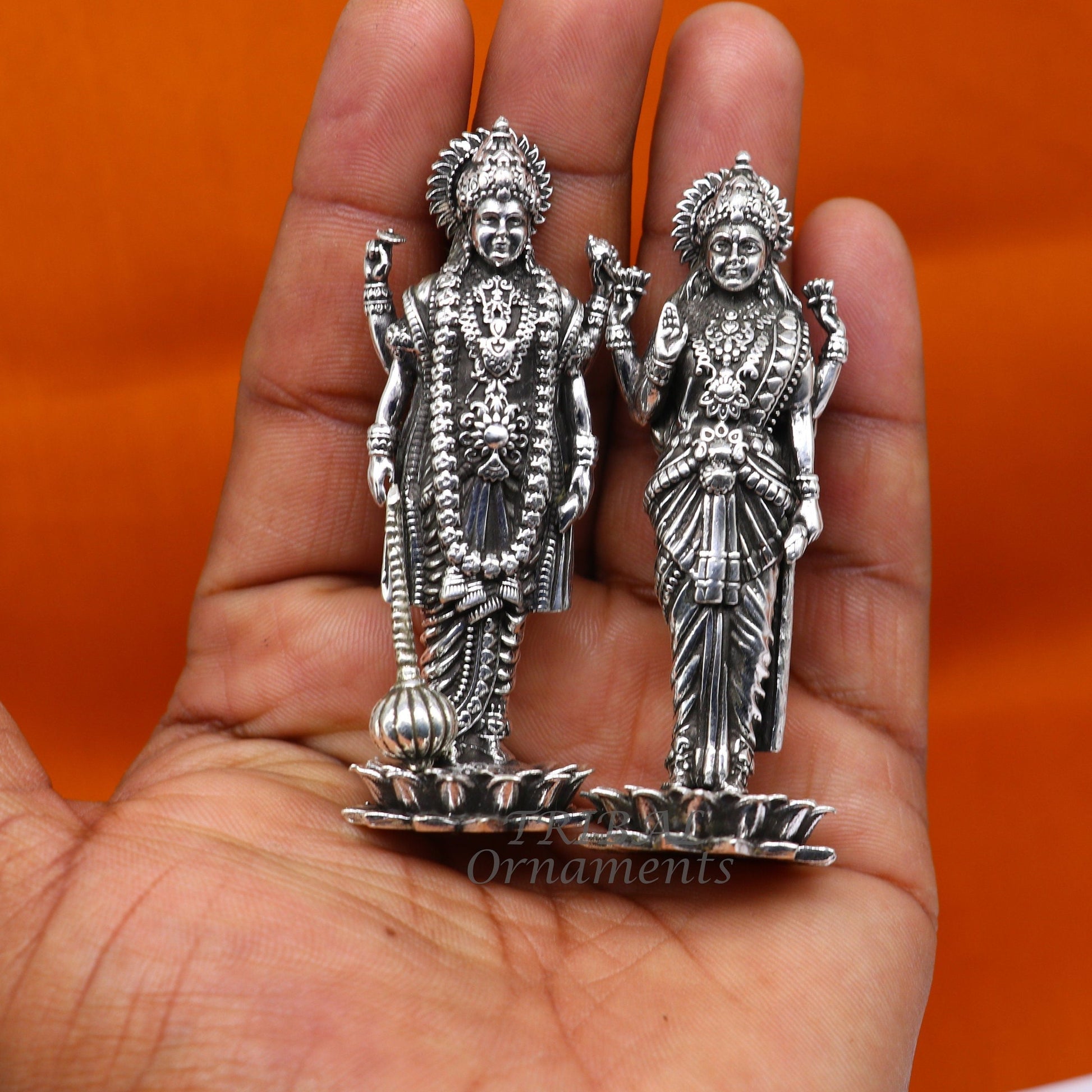 925 Sterling silver handmade lord Laxmi Narayanan, Goddess Laxmi and Vishnu standing Statue figurine, puja articles art574 - TRIBAL ORNAMENTS