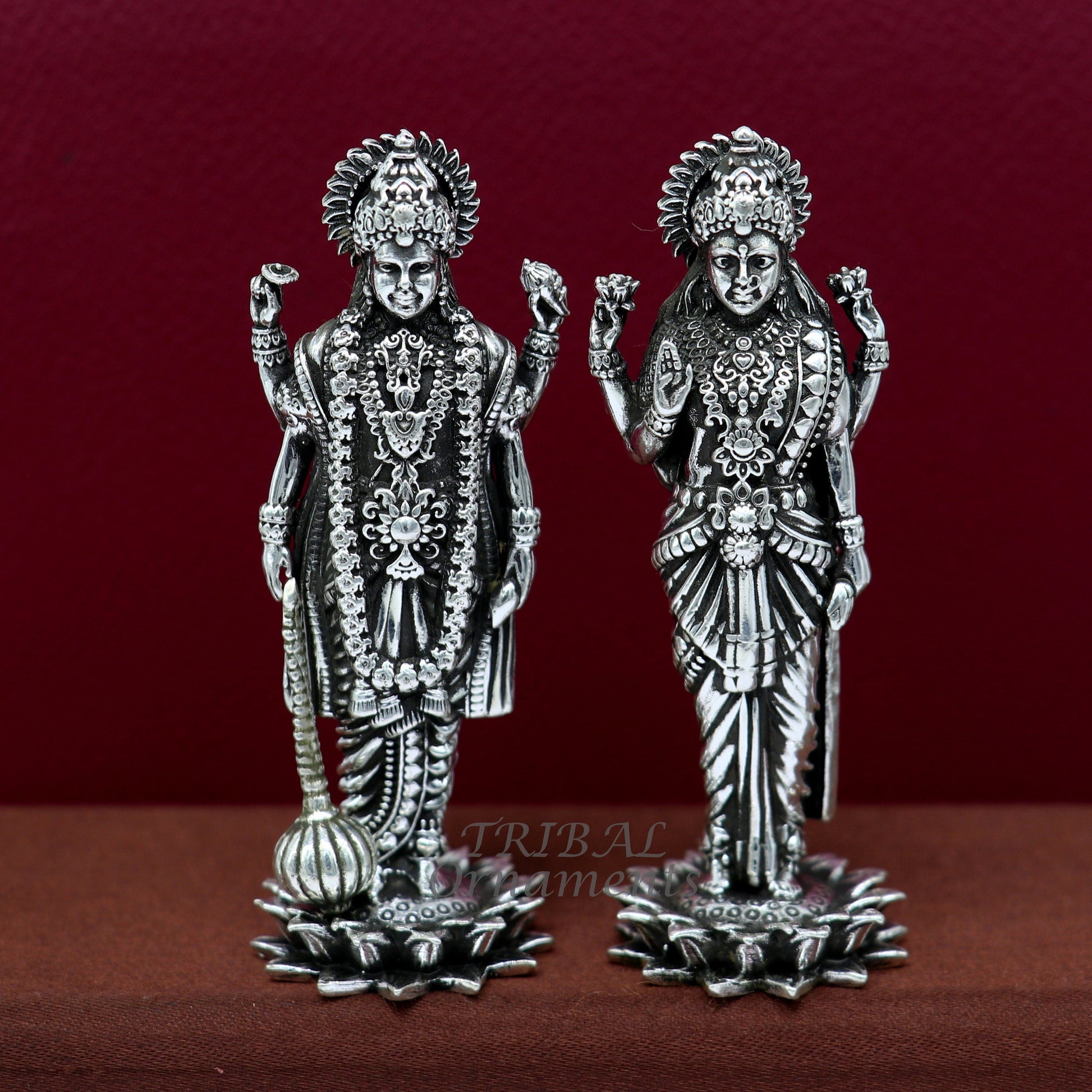 925 Sterling silver handmade lord Laxmi Narayanan, Goddess Laxmi and Vishnu standing Statue figurine, puja articles art574 - TRIBAL ORNAMENTS