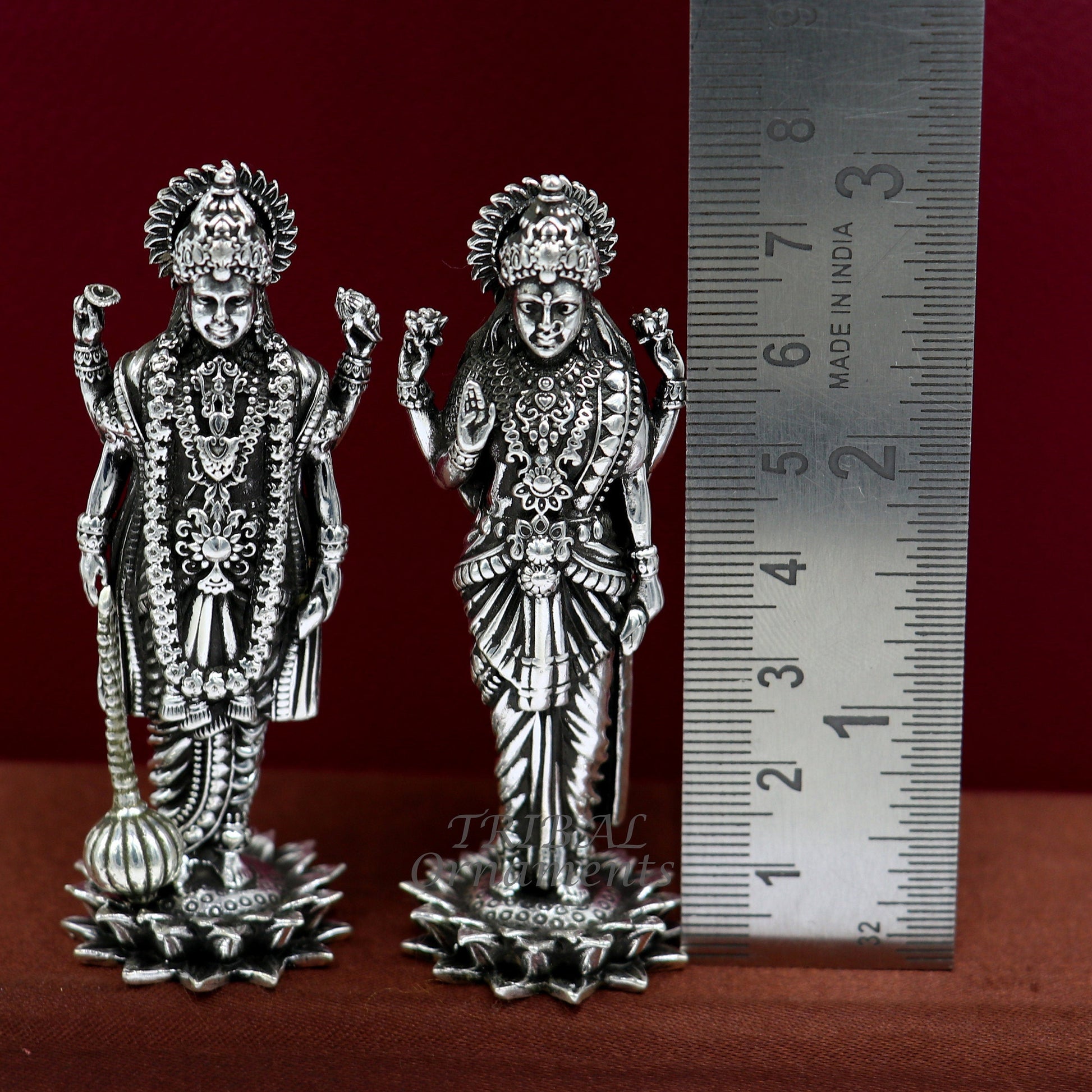 925 Sterling silver handmade lord Laxmi Narayanan, Goddess Laxmi and Vishnu standing Statue figurine, puja articles art574 - TRIBAL ORNAMENTS