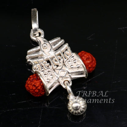 Sterling silver Lord Shiva Mahakal pendant with Damaru style design and hanging drops, handcrafted by Tribal Ornaments.