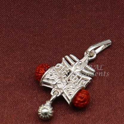 925 sterling silver Lord Shiva Damaru style Mahakal pendant with hanging drops, handcrafted tribal ornament jewelry.