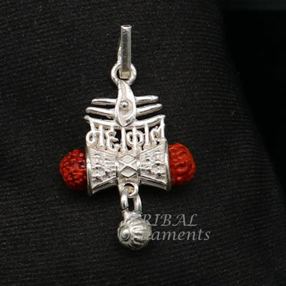 Sterling silver Lord Shiva Mahakal pendant with Damaru style design and hanging drops, handcrafted by Tribal Ornaments.