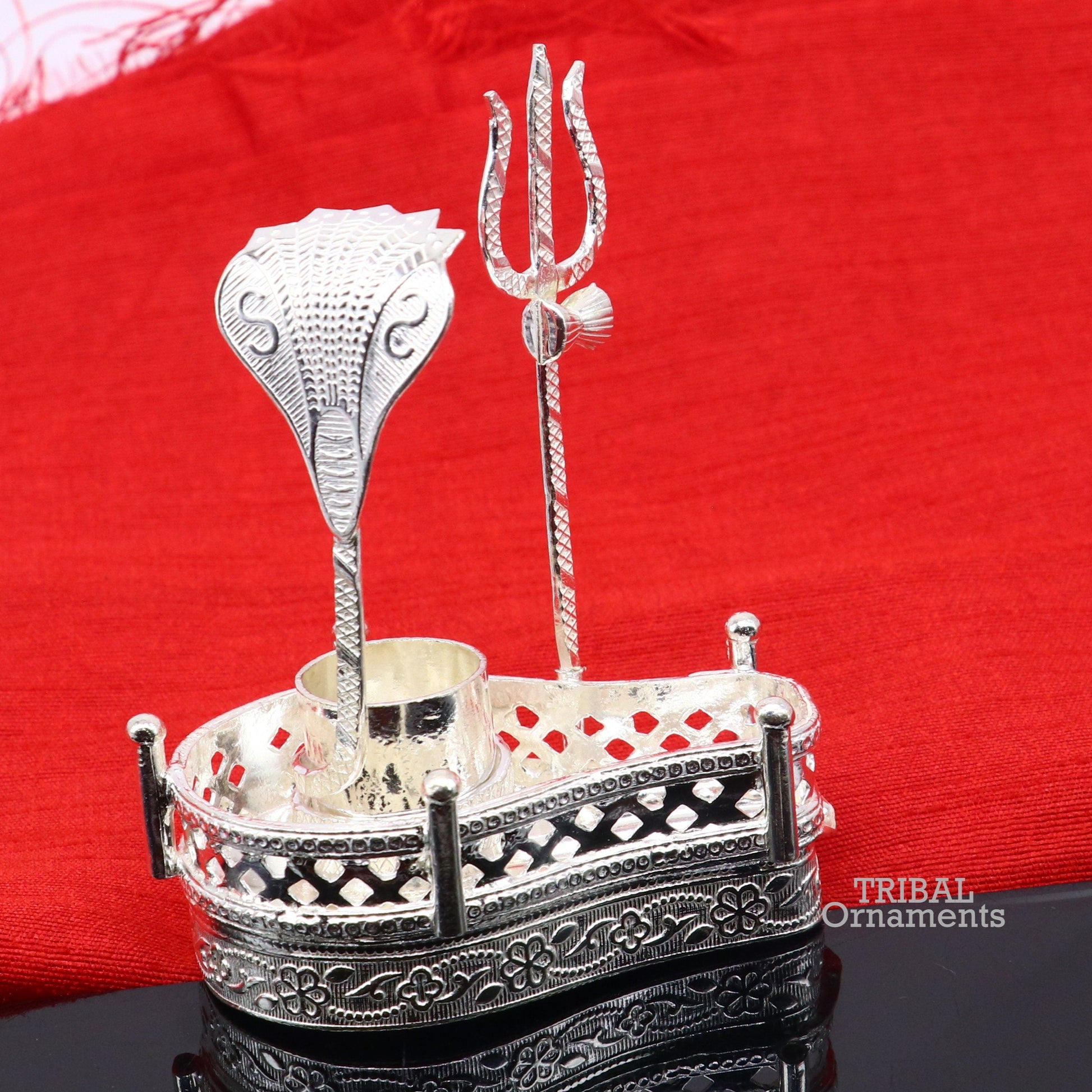 925 sterling silver handmade lord shiva lingam stand/ jalheri with panchmukhi snake (5 face snake) and trident mahakal lingam stand su790 - TRIBAL ORNAMENTS