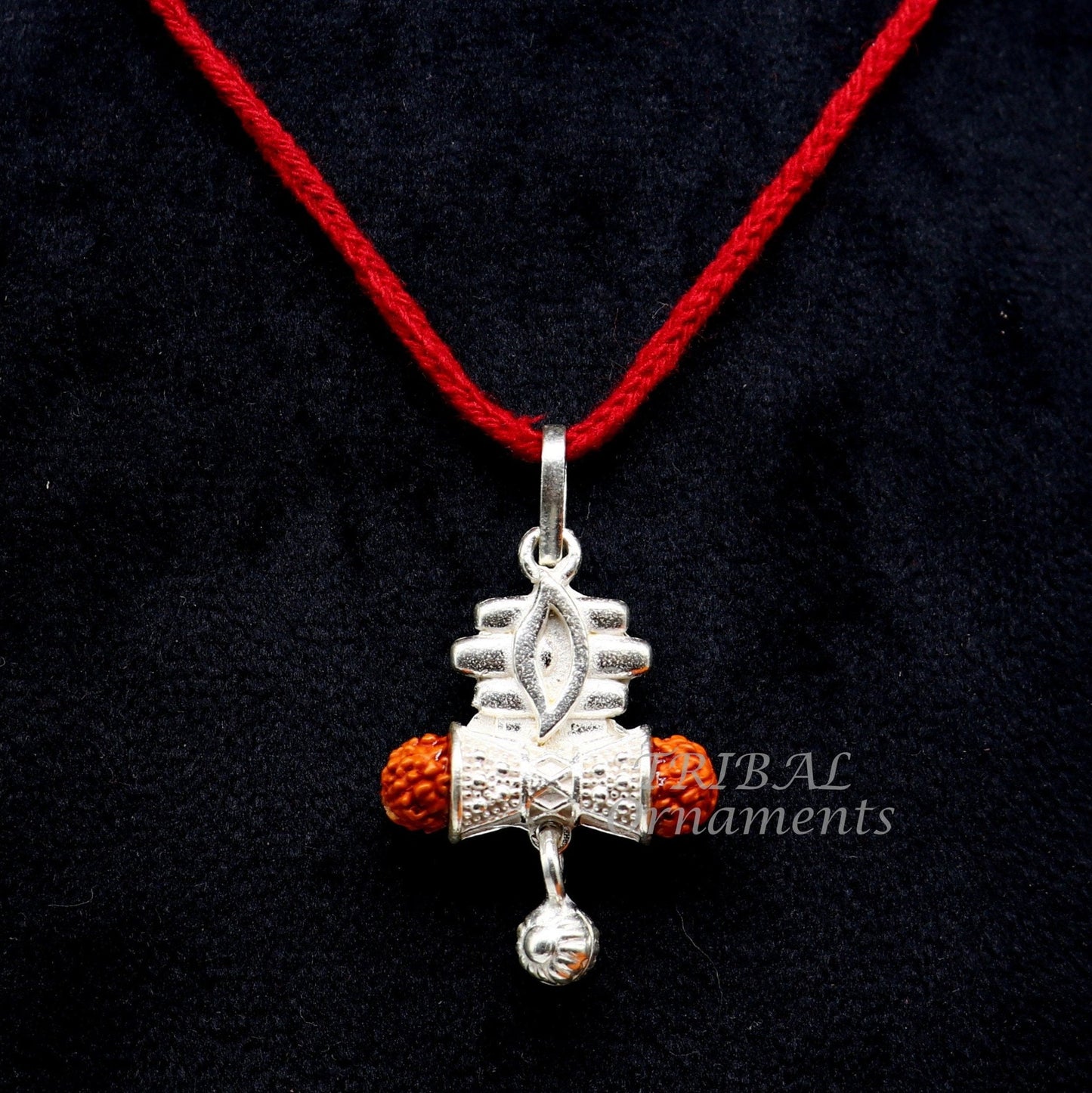 925 sterling silver Lord Shiva damaru style Rudraksha pendant for unisex jewelry, handcrafted tribal ornament design.
