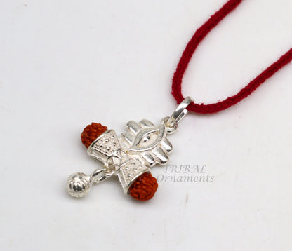 Sterling silver Lord Shiva damaru Rudraksha pendant for unisex jewelry, handmade tribal ornament with intricate design.