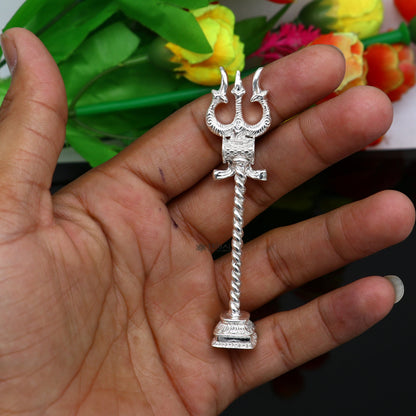 925 Sterling silver handmade Lord Shiva trident with Damaru, detailed craftsmanship, collectible Mahadev trishul for puja rituals.