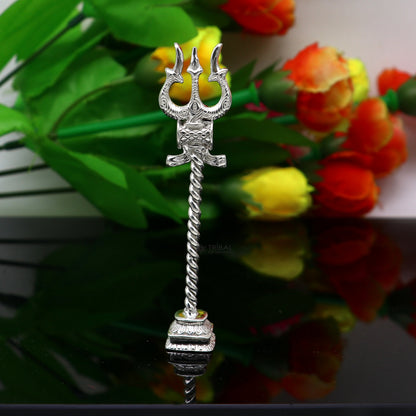 925 Sterling silver handmade Lord Shiva trident with Damaru, featuring intricate craftsmanship and detailed Mahadev trishul design.