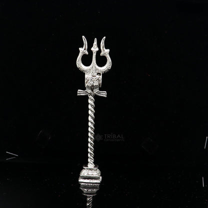 925 Sterling silver handmade Lord Shiva trident with Damaru, detailed craftsmanship Mahadev trishul, ideal for puja and collectible art.
