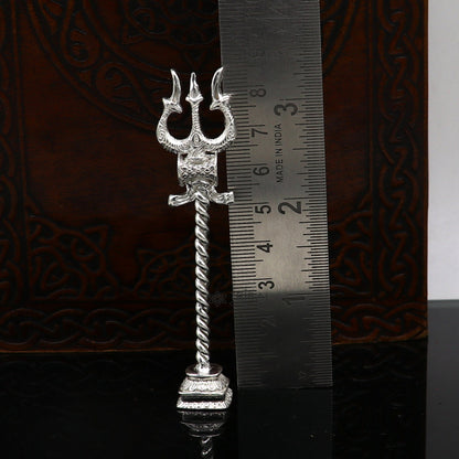 925 Sterling silver handmade Lord Shiva trident with Damaru, detailed craftsmanship Mahadev trishul for puja or collectible display.