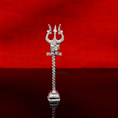 925 Sterling silver handmade Lord Shiva trident with Damaru, detailed craftsmanship Mahadev trishul for puja and collectible art.