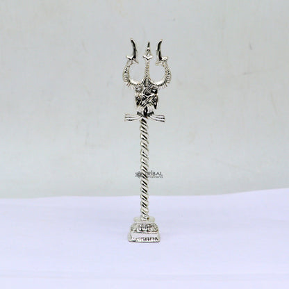 925 Sterling silver handmade Lord Shiva trident with Damaru, detailed craftsmanship Mahadev trishul, ideal for puja or collection