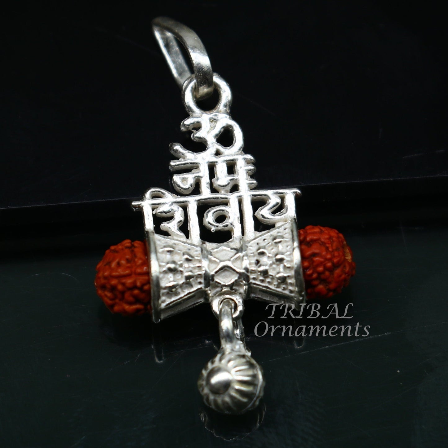 Sterling silver Lord Shivay Rudraksha pendant with hanging drops, featuring "Aum Namah Shivay" design, handcrafted by Tribal Ornaments.