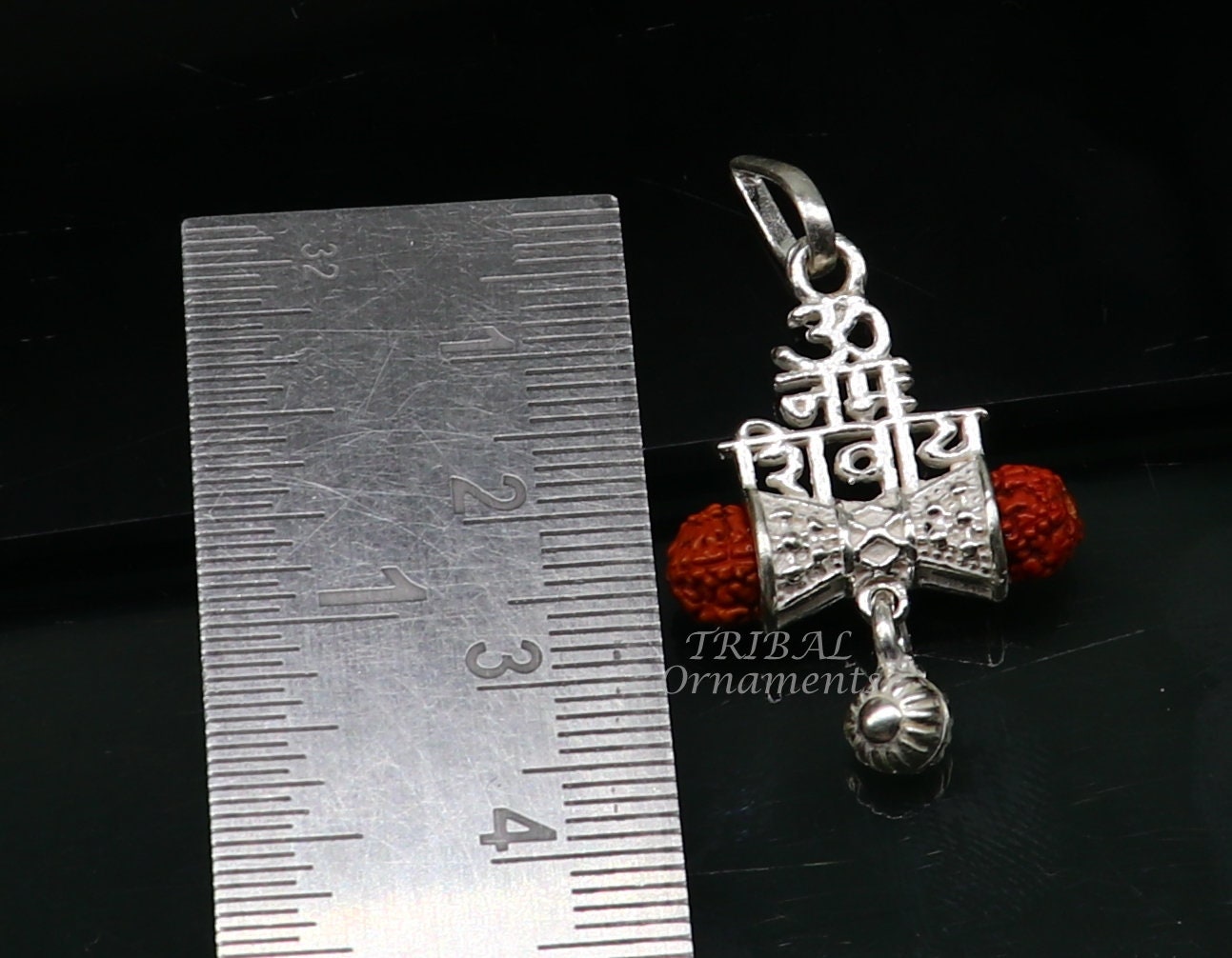 925 sterling silver Lord Shivay Rudraksha pendant with hanging drops and “Aum Namah Shivay” design, handmade by Tribal Ornaments.