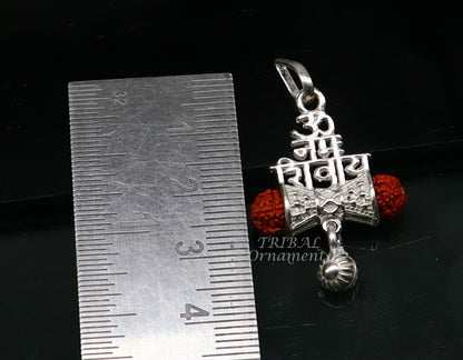 925 sterling silver Lord Shivay Rudraksha pendant with hanging drops and “Aum Namah Shivay” design, handmade by Tribal Ornaments.