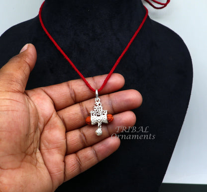 925 sterling silver Lord Shivay Rudraksha pendant with hanging drops and "Aum Namah Shivay" design, handcrafted by Tribal Ornaments.