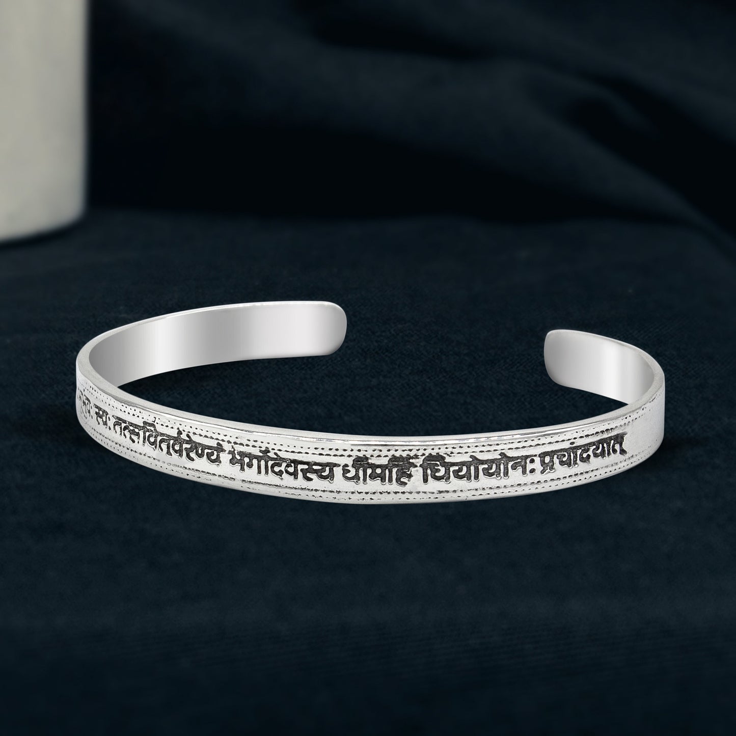Unisex 925 sterling silver Gayatri Mantra cuff kada bracelet featuring handmade tribal design from India.