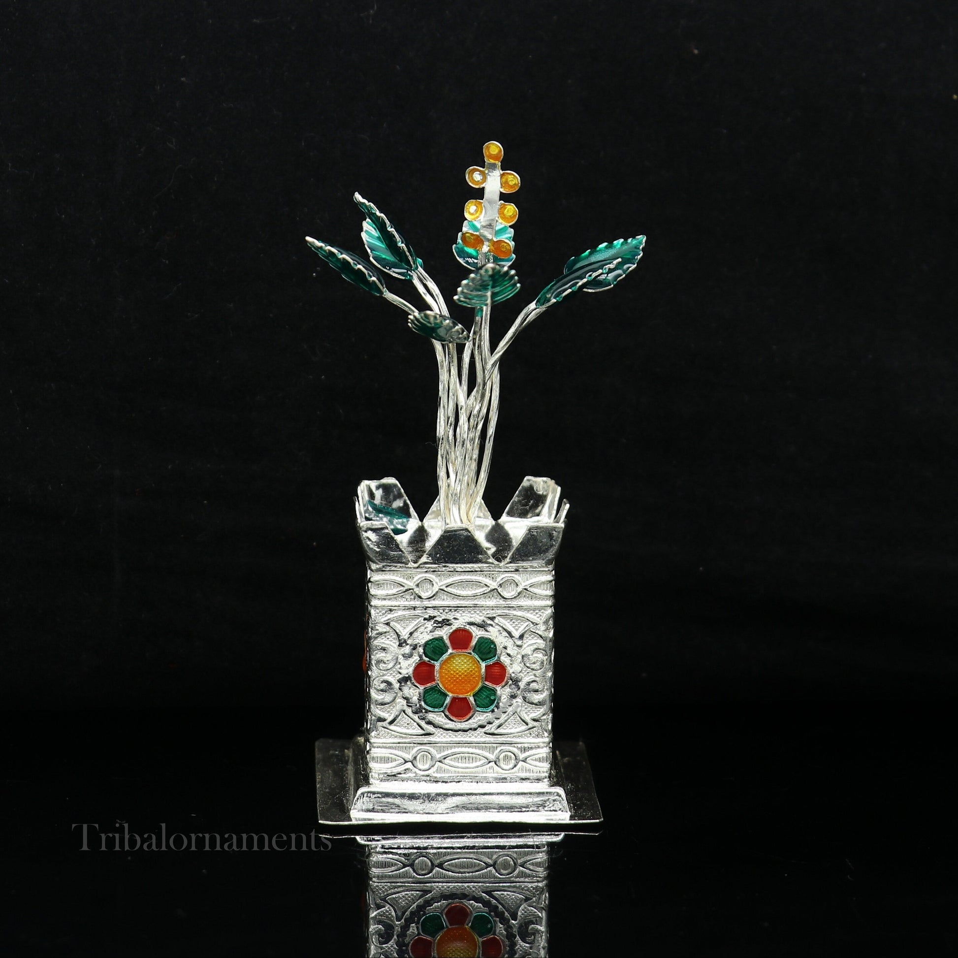 925 sterling silver handmade mini holy Tulsi plant basil rosary plant for puja temple article, excellent silver utensils article su582 - TRIBAL ORNAMENTS
