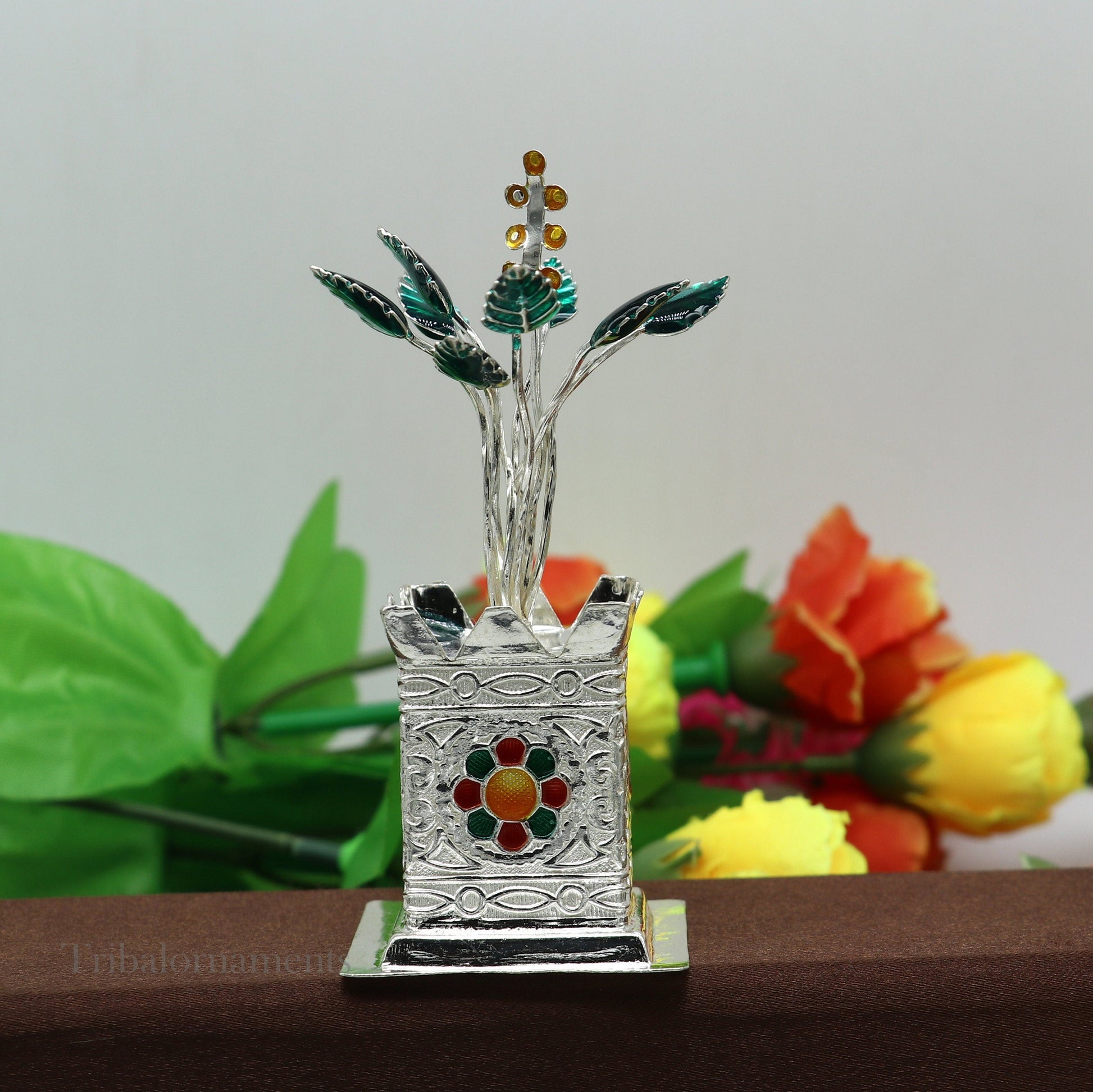 925 sterling silver handmade mini holy Tulsi plant basil rosary plant for puja temple article, excellent silver utensils article su582 - TRIBAL ORNAMENTS