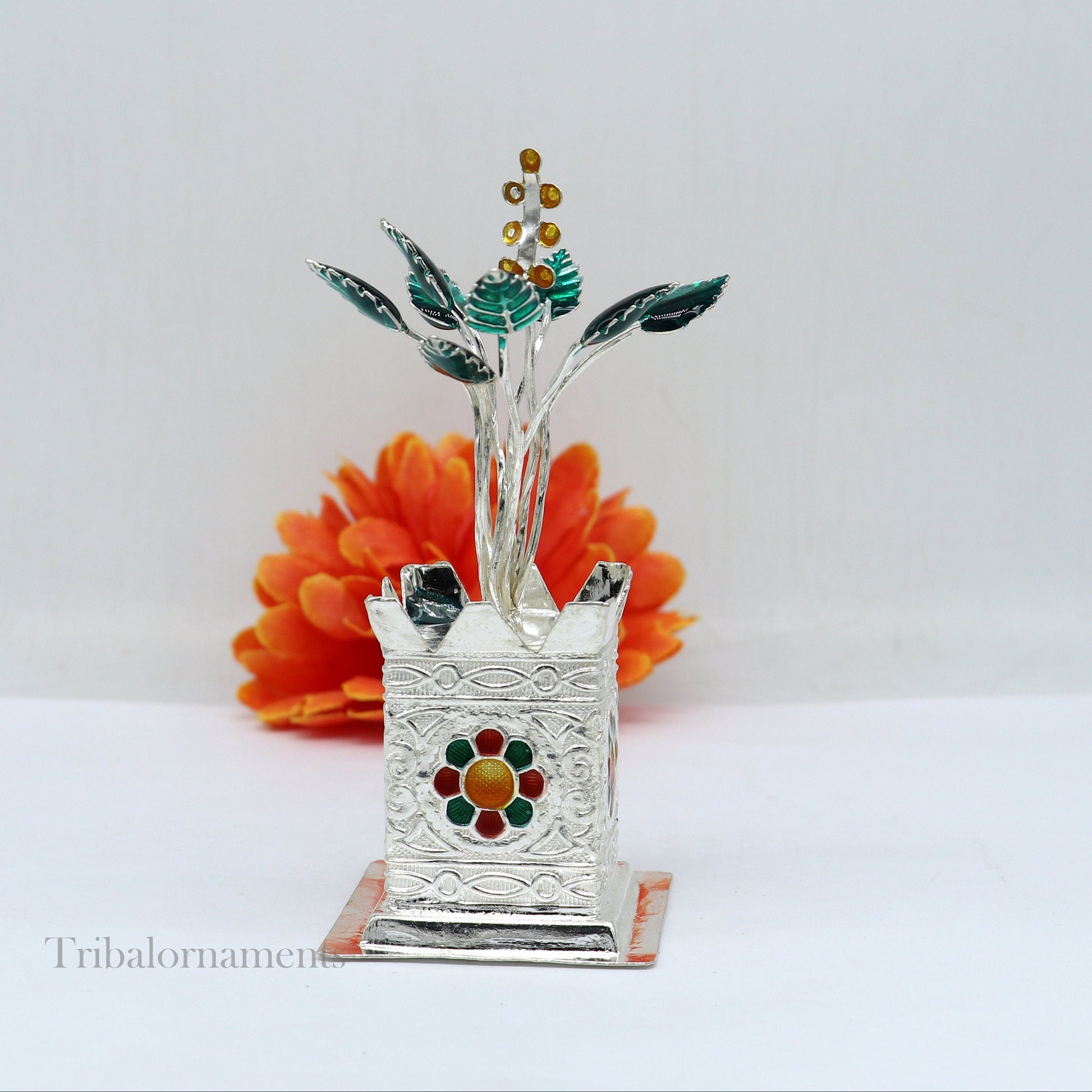 925 sterling silver handmade mini holy Tulsi plant basil rosary plant for puja temple article, excellent silver utensils article su582 - TRIBAL ORNAMENTS