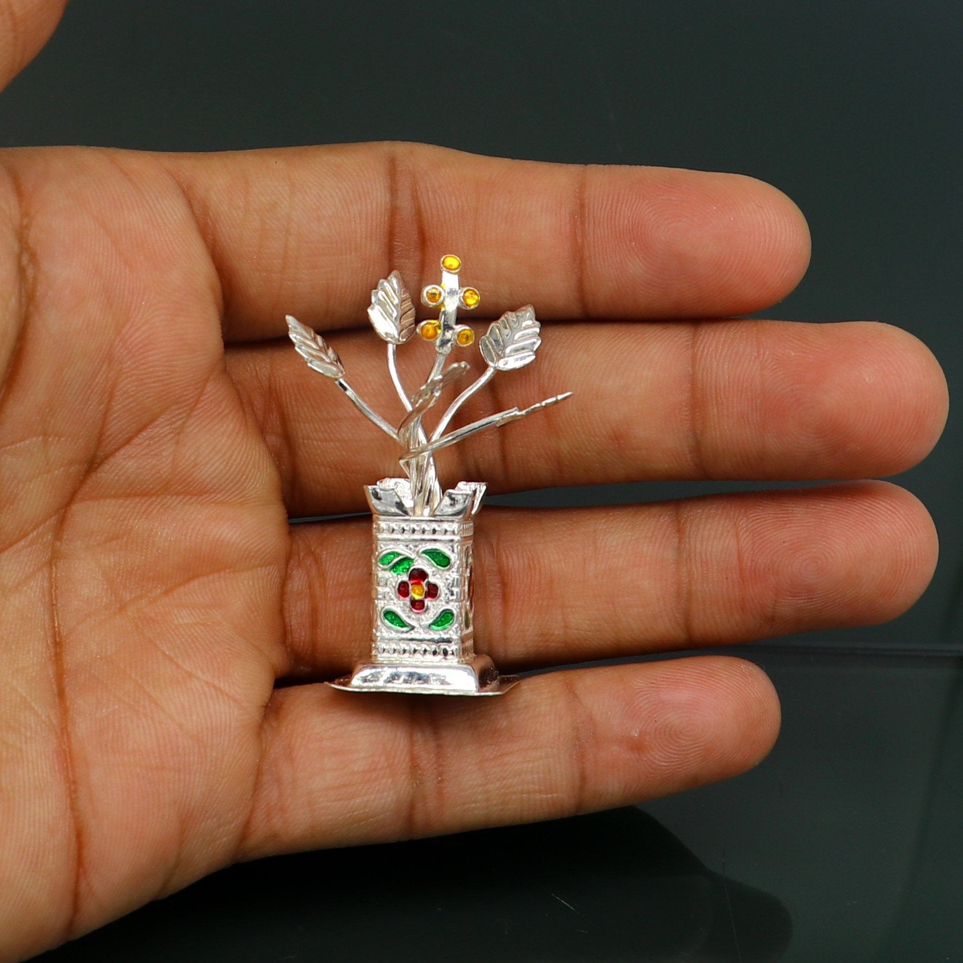 925 sterling silver handmade mini tulsi plant basil rosary plant for puja temple article, excellent customized silver utensils art su171 - TRIBAL ORNAMENTS