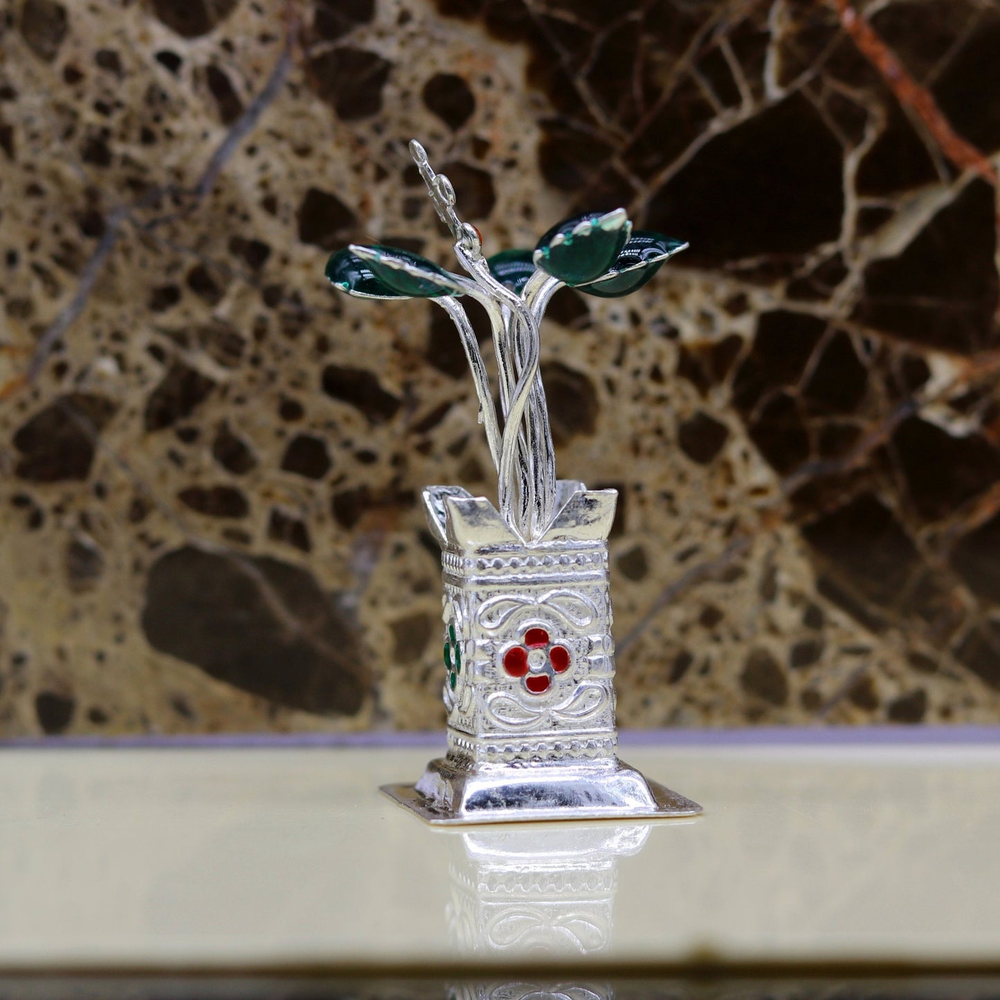 Handmade 925 sterling silver mini Tulsi basil plant rosary for puja temple, crafted by Tribal Ornaments.