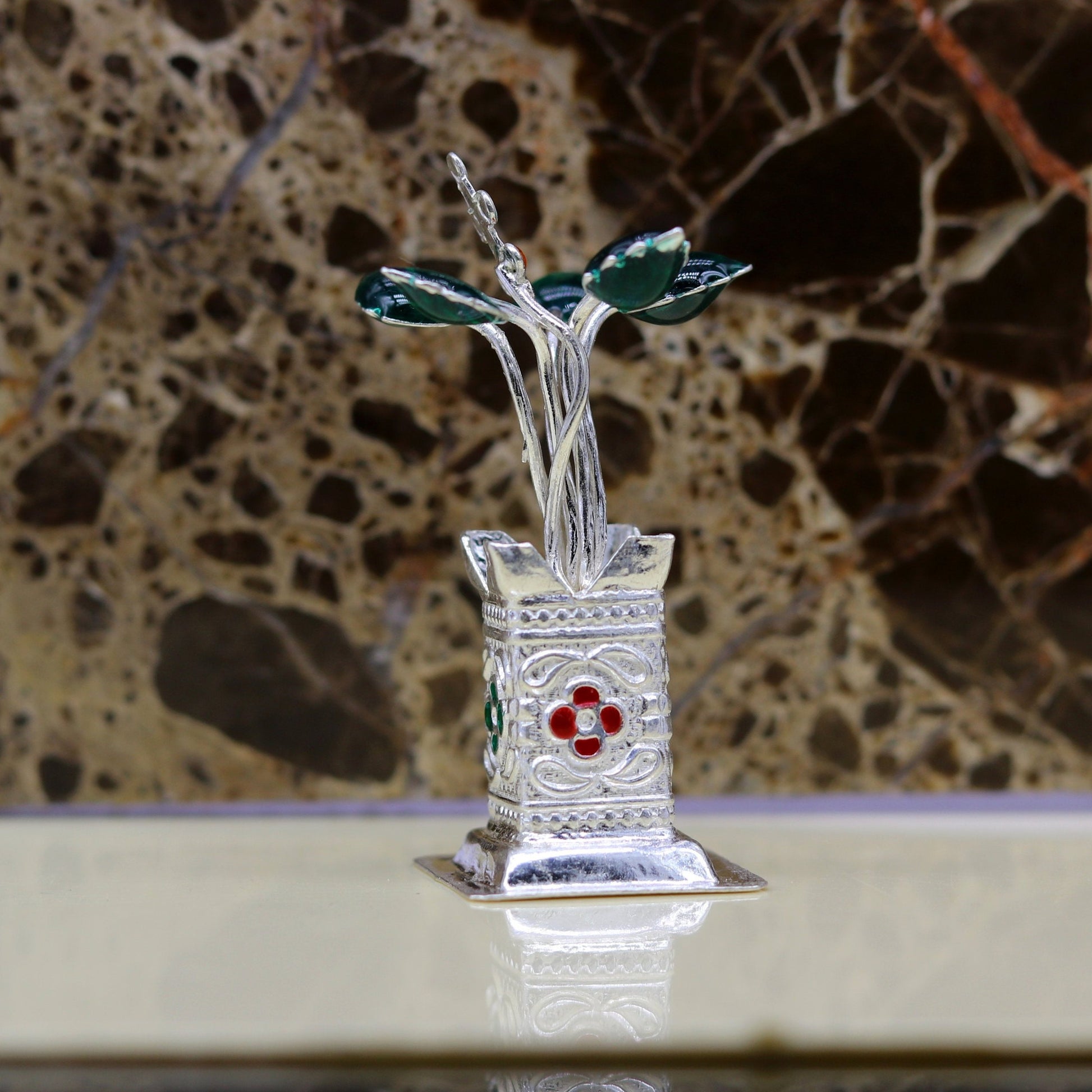 Handmade 925 sterling silver mini Tulsi basil plant rosary for puja temple, crafted by Tribal Ornaments.
