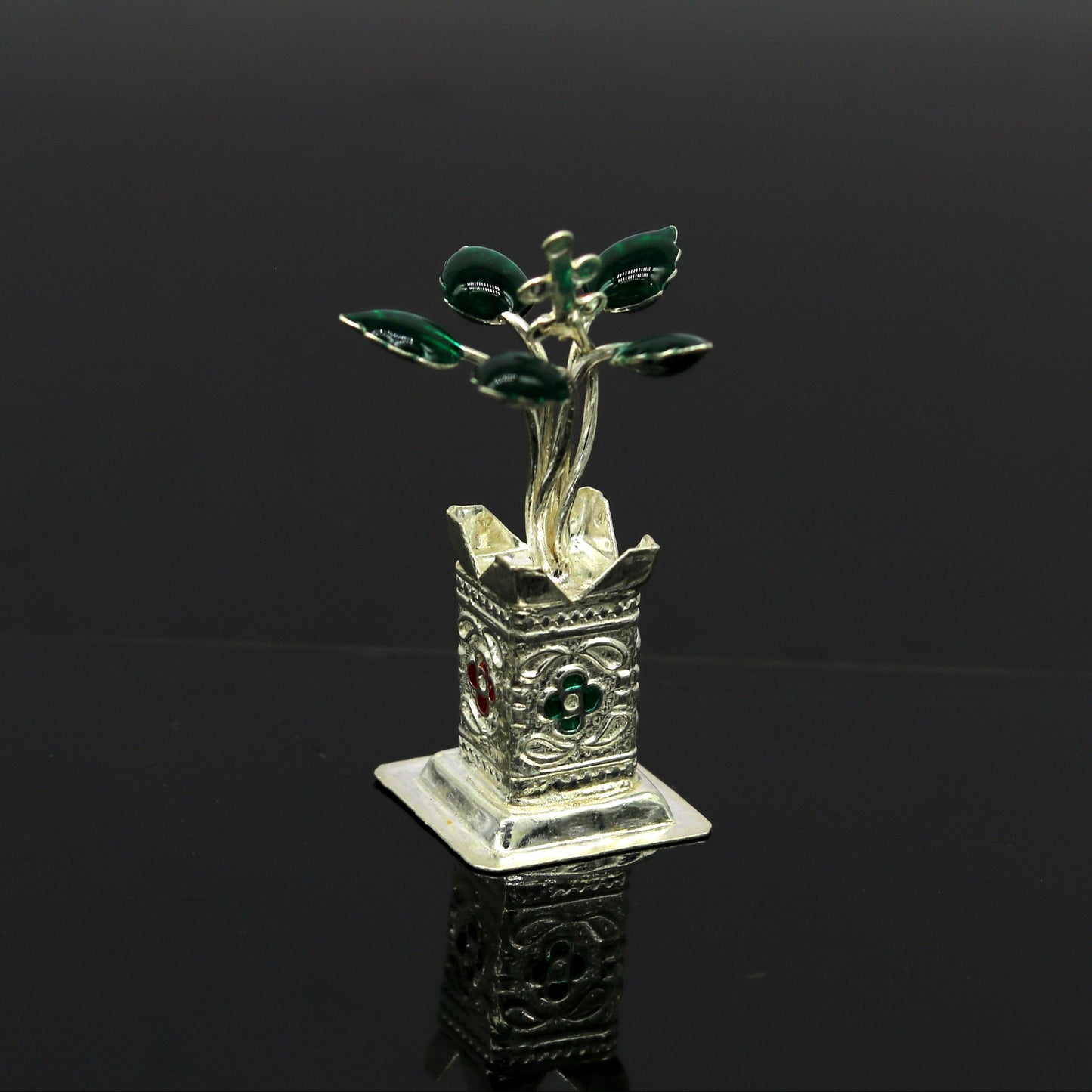 Handmade 925 sterling silver mini Tulsi plant basil rosary for puja temple, crafted by Tribal Ornaments.