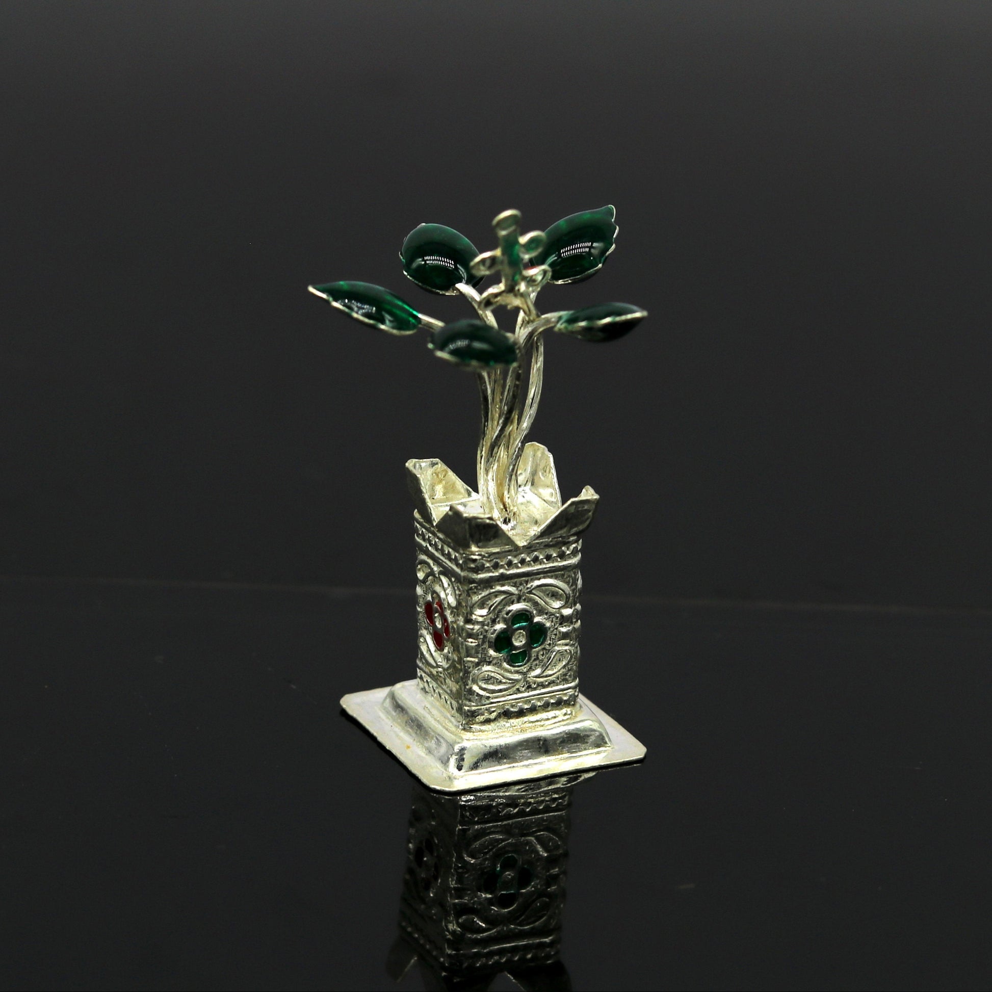 Handmade 925 sterling silver mini Tulsi plant basil rosary for puja temple, crafted by Tribal Ornaments.