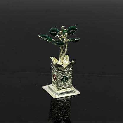 Handmade 925 sterling silver mini Tulsi plant basil rosary for puja temple, crafted by Tribal Ornaments.