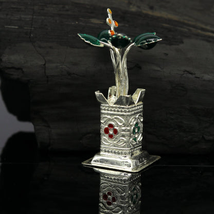 925 Sterling silver handmade mini Tulsi basil plant rosary for puja temple, crafted by Tribal Ornaments with detailed silver design.