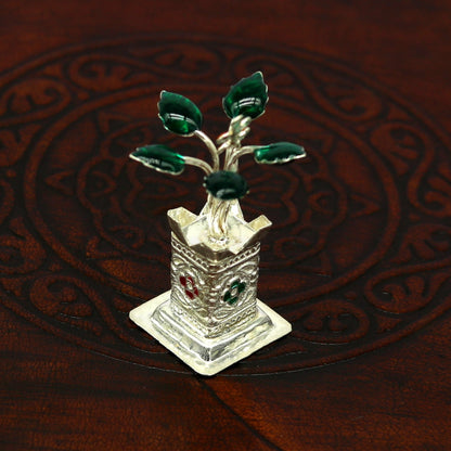 Handmade 925 sterling silver mini Tulsi plant for puja temple, featuring detailed basil rosary and customized silver utensils by Tribal Ornaments.