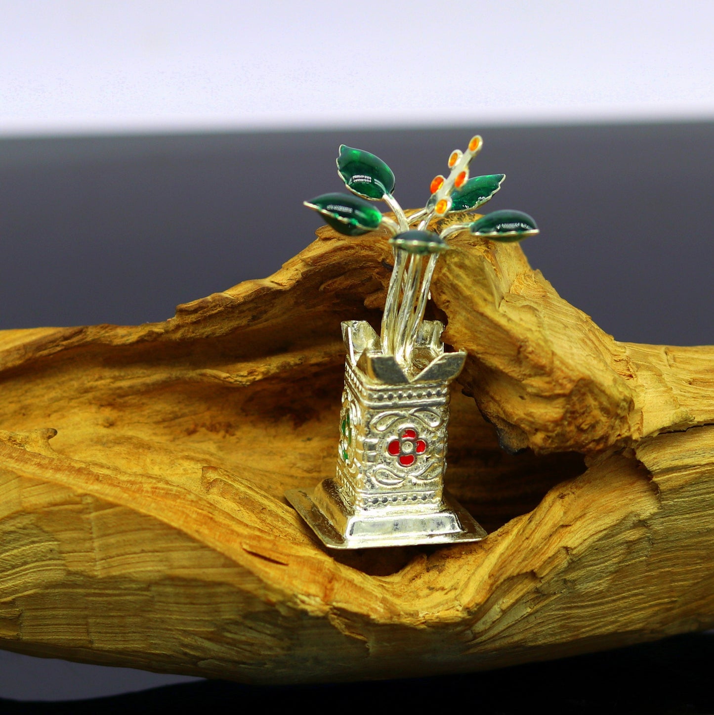 Handmade 925 sterling silver mini Tulsi basil plant for puja temple, with customized silver utensils, by Tribal Ornaments.