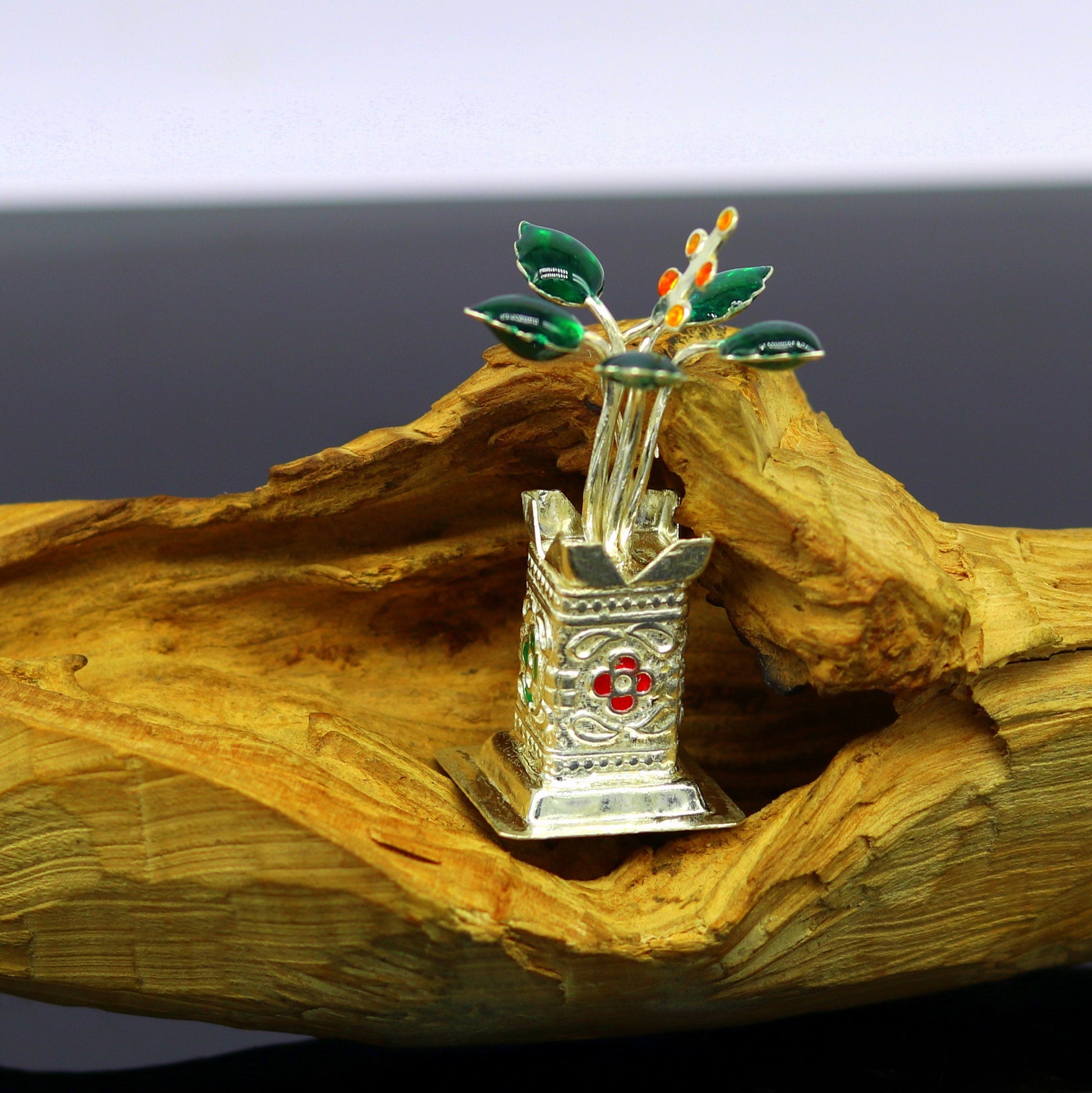 Handmade 925 sterling silver mini Tulsi basil plant for puja temple, with customized silver utensils, by Tribal Ornaments.