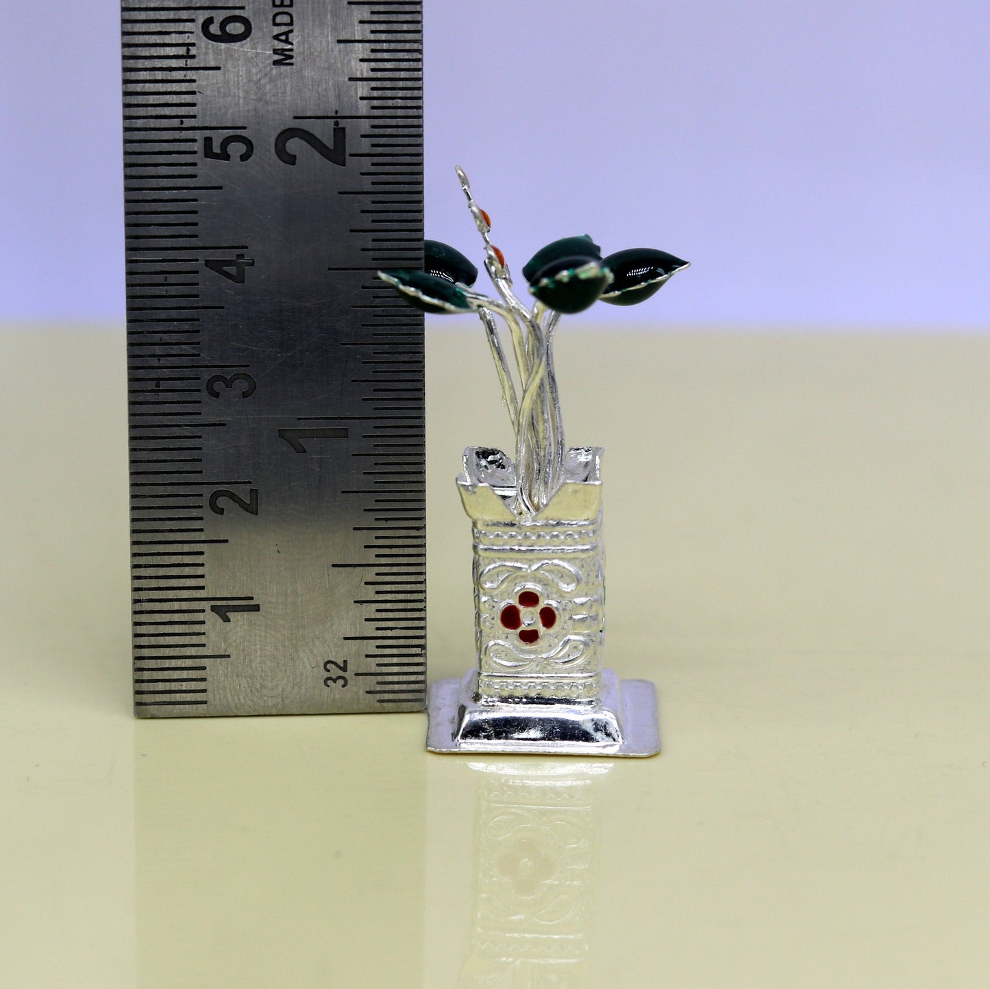 Handmade 925 sterling silver mini Tulsi basil plant and rosary for puja temple, crafted by Tribal Ornaments.