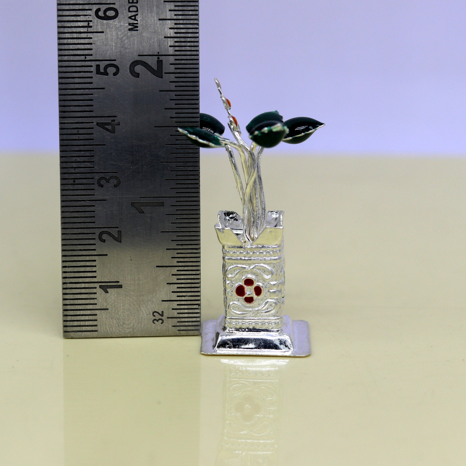 Handmade 925 sterling silver mini Tulsi basil plant and rosary for puja temple, crafted by Tribal Ornaments.